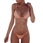 Womens Solid  Sexy Thong Bandage Beachwear Bikini Set